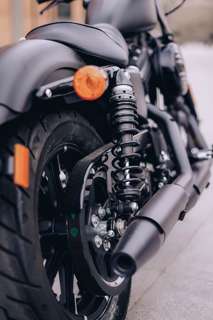 Detailed view of a motorcycle's rear wheel and suspension system.