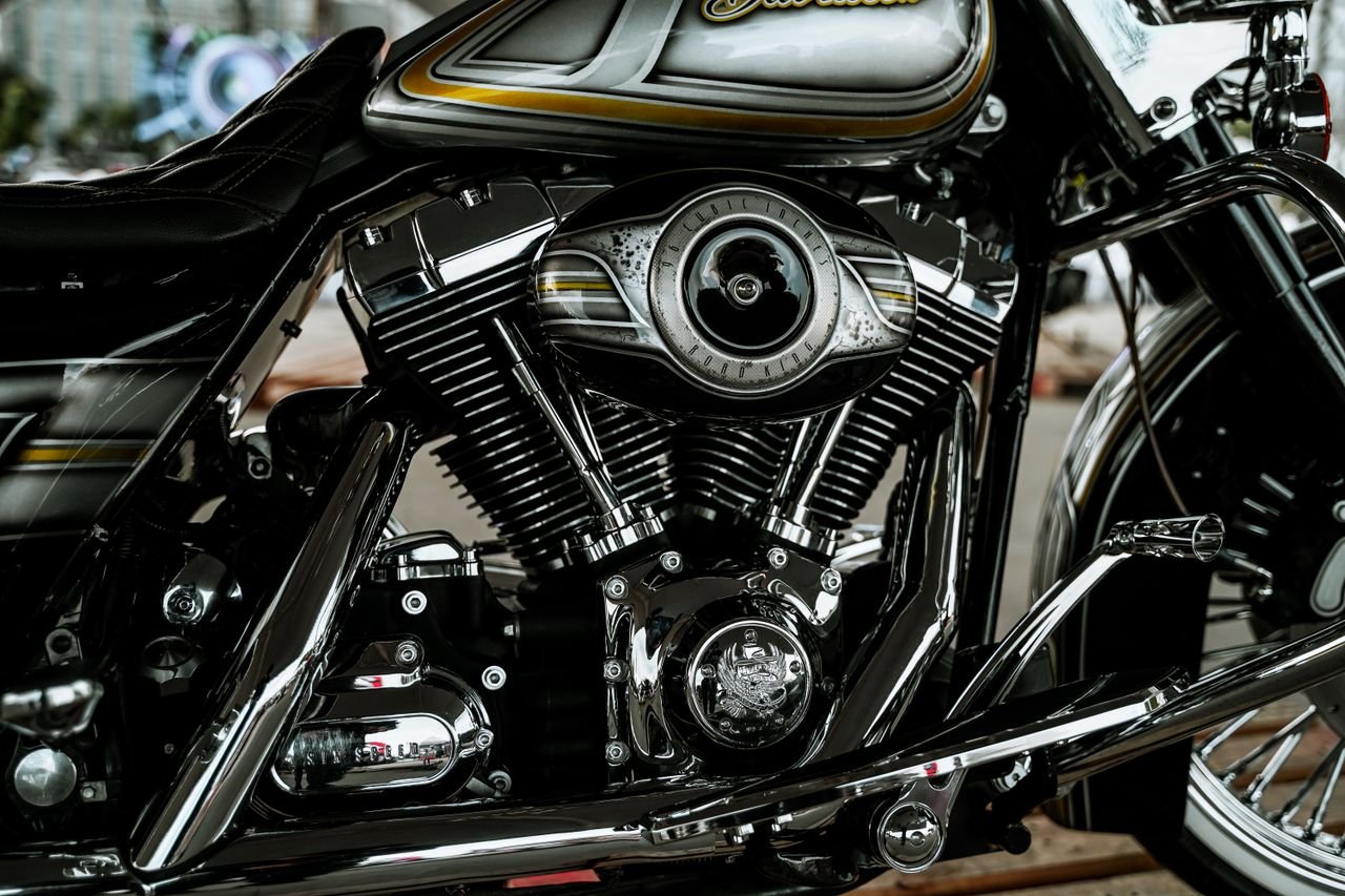 Detailed view of a chopper motorcycle engine showcasing chrome details and craftsmanship.